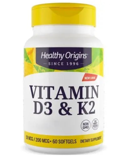 HEALTHY ORIGINS Vitamin D3 ja K2 – Vitamiin D3 + K2 60 kapslit