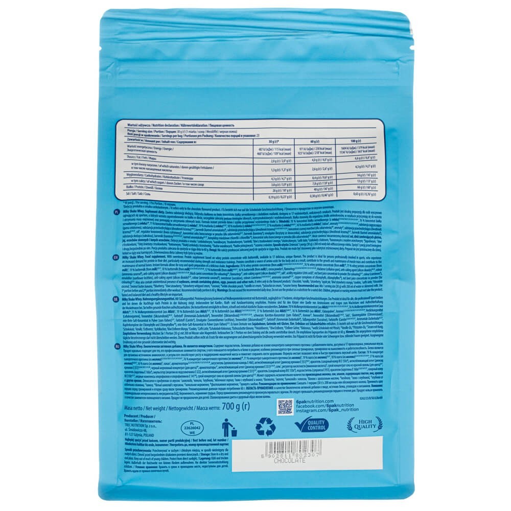 6PAK Milky Shake Whey, šokolaadimaitseline - 700 g