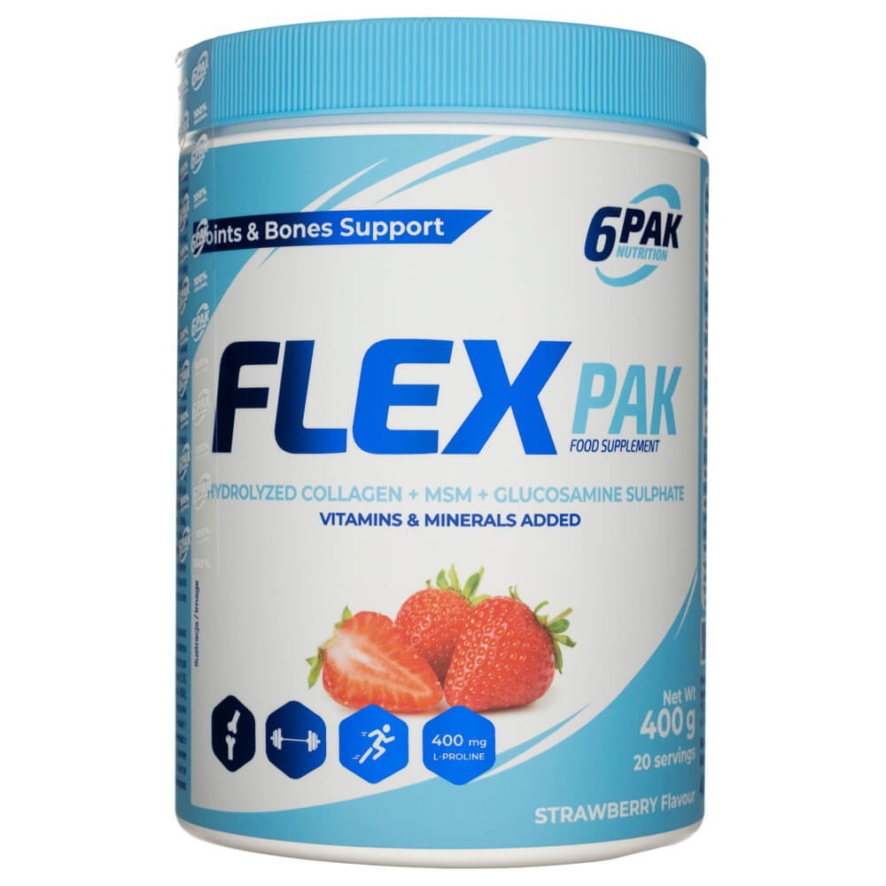 6PAK Flex Pak, hüdrolüüsitud kollageen + MSM + glükoosamiinsulfaat, maasikamaitseline - 400 g