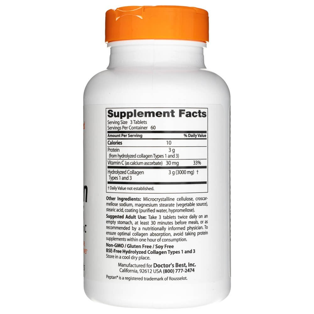 Doctor's Best 1. ja 3. tüüpi kollageen peptaaniga ja C-vitamiiniga 1000 mg - 180 tabletti