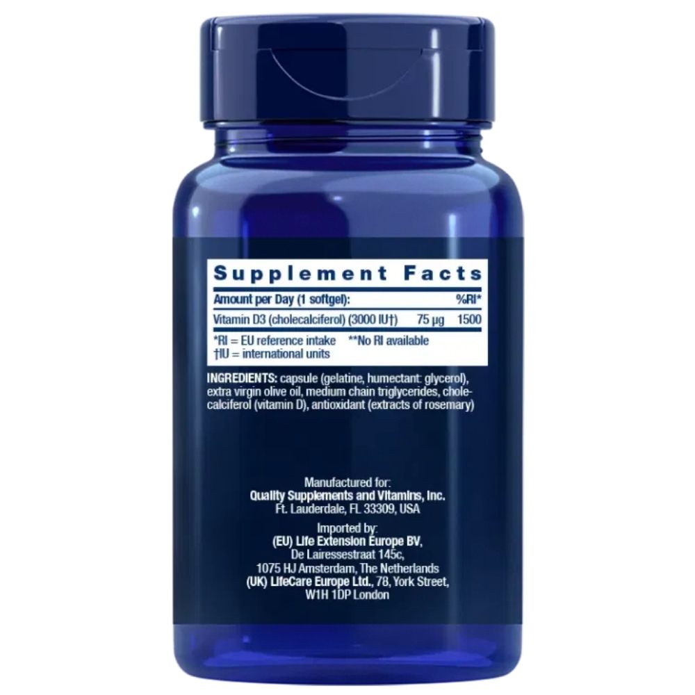 Life Extension vitamiin D3 75 mcg (3000 IU) – 120 pehmet geelkapslit