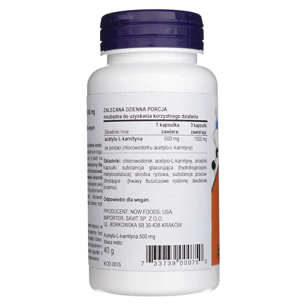 Now Foods atsetüül-L-karnitiin 500 mg - 50 kapslit