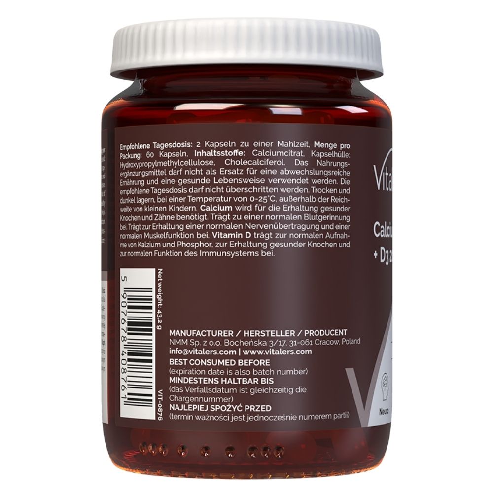 Vitaler's Kaltsiumtsitraat 1200 mg + D3-vitamiin 2000 IU - 60 kapslit