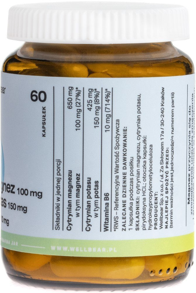 Wellbear Magneesium 100 mg + Kaalium 150 mg + B6 10 mg – 60 kapslit