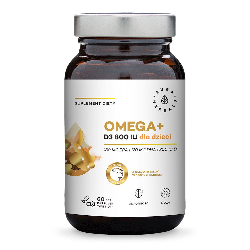 AURA HERBALS Omega+ lastele keeratavad kapslid - Omega 3 happed 180 EPA 120 DHA + vitamiin D3 800 RÜ 60 kaps.