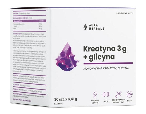 AURA HERBALS kreatiinmonohüdraat 3 g + glütsiini kotikesed 30 tk.