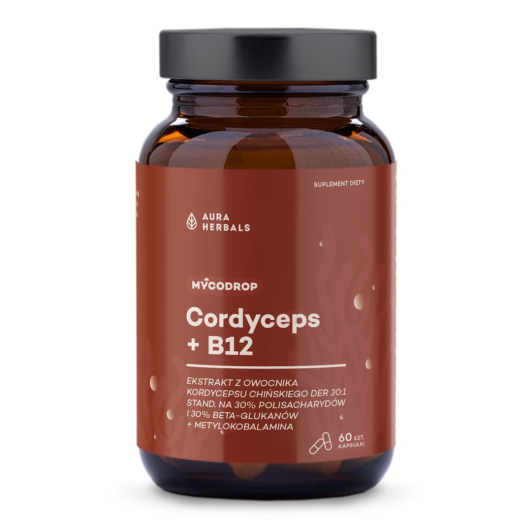 AURA HERBALS Mycodrop, Cordyceps 30:1 + B12, 30% beetaglükaane, 60 kapslit