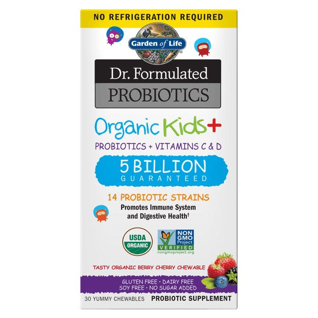Garden of Life orgaaniline lastele + probiootikumid + vitamiinid C ja D – mustika ja kirsi maitsega 30 närimistabletti