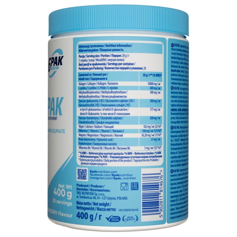 6PAK Flex Pak, hüdrolüüsitud kollageen + MSM + glükoosamiinsulfaat, maasikamaitseline - 400 g