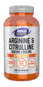 NOW FOODS L-arginiin 500 mg + L-tsitruliin 250 mg 240 kaps.
