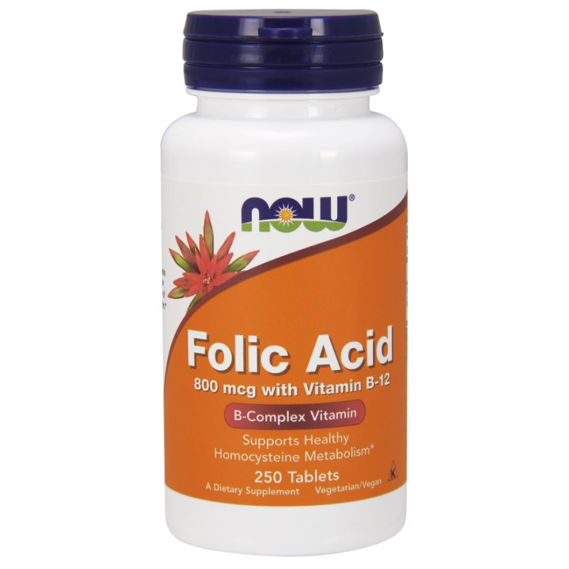 NOW FOODS foolhape - foolhape 800 mcg + vitamiin B12 25 mcg 250 tabletti