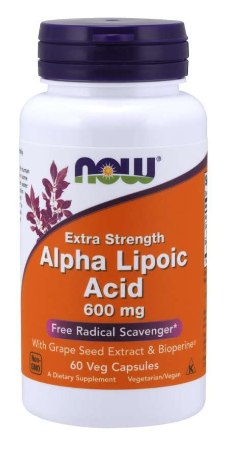NOW FOODS ALA - alfa-lipoehape 600 mg + viinamarjaekstrakt + bioperiin 60 kaps.
