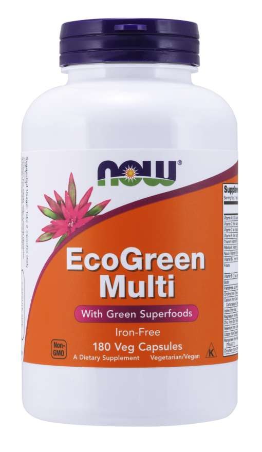 NOW FOODS EcoGreen multivitamiinide ja mineraalide komplekt ilma rauata, 180 kapslit