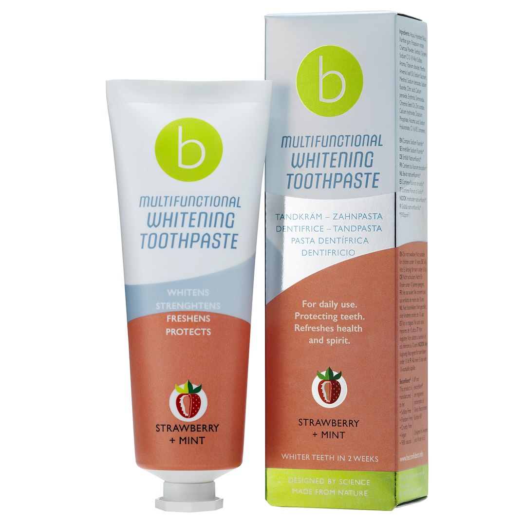 BECONFIDENT mitmeotstarbeline valgendav hambapasta maasika ja mündi maitsega 75 ml