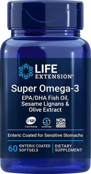 Super Omega-3 EPA/DHA with Sesame Lignans & Olive Extract - 60 enteric coated softgels - Life Extension