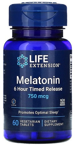 Melatonin 6 Hour Timed Release, 750mcg - 60 vegetarian tabs - Life Extension