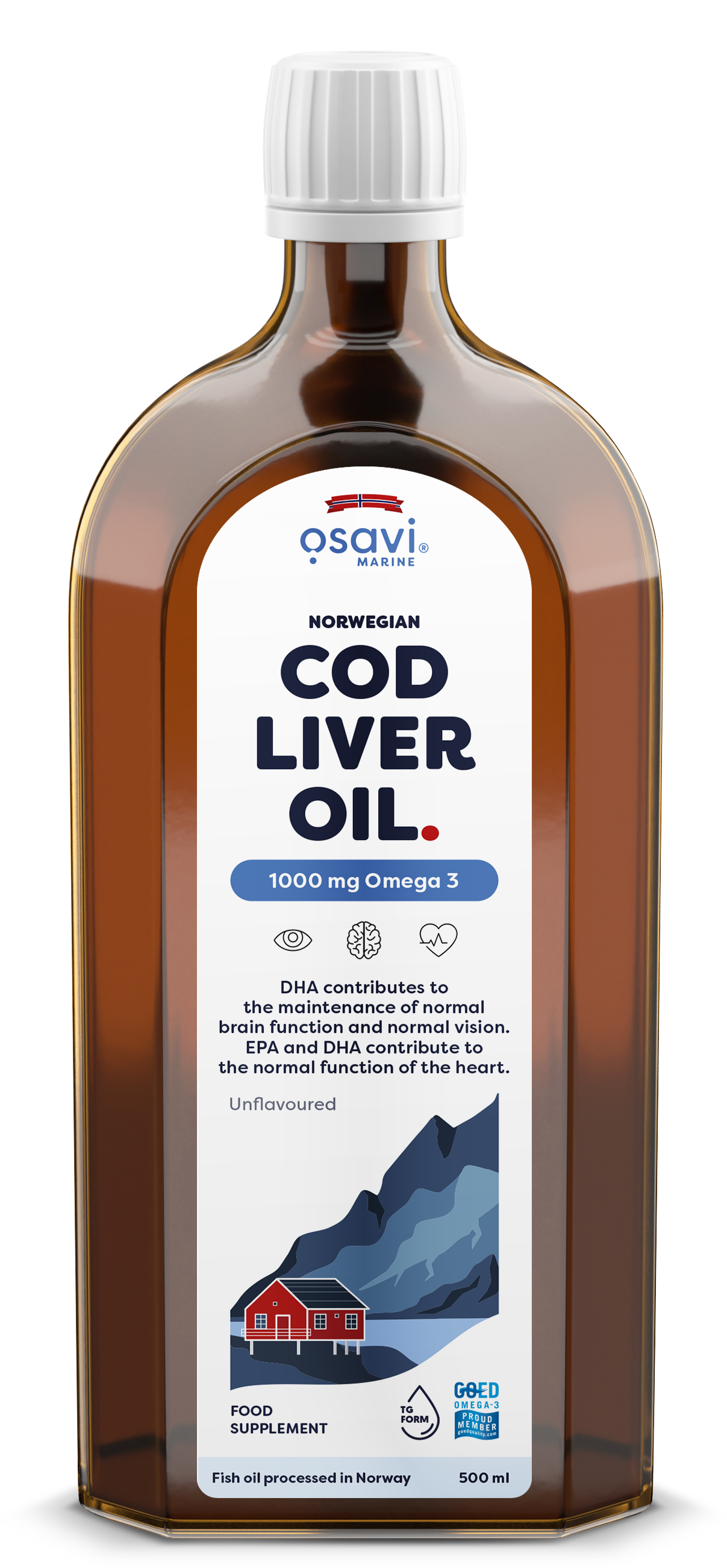 Norwegian Cod Liver Oil, 1000mg Omega 3 (Unflavoured) - 500 ml. - Osavi