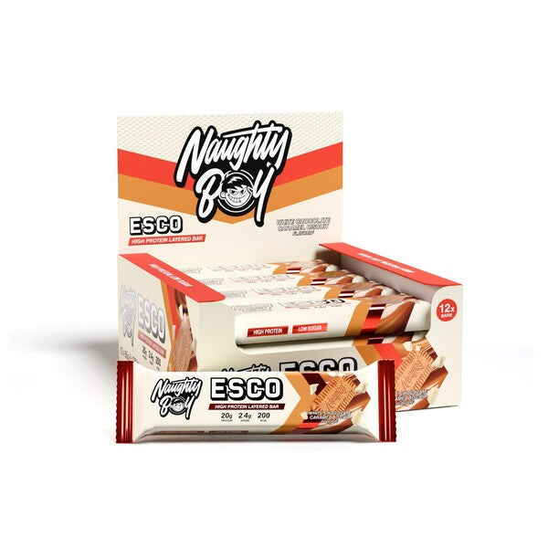 ESCO Protein Bar, White Chocolate Caramel Biscuit - 12 x 65g - Naughty Boy