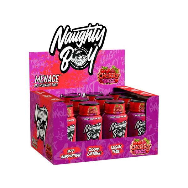 Menace Pre-Workout Shot, Cherry Razz - 12 x 60 ml. - Naughty Boy