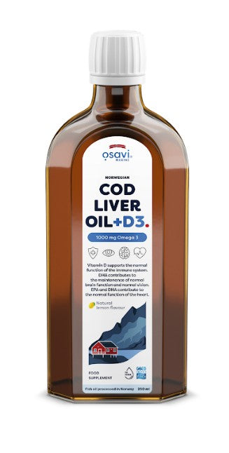 Norwegian Cod Liver Oil + D3, 1000mg Omega 3 (Lemon) - 250 ml. - Osavi