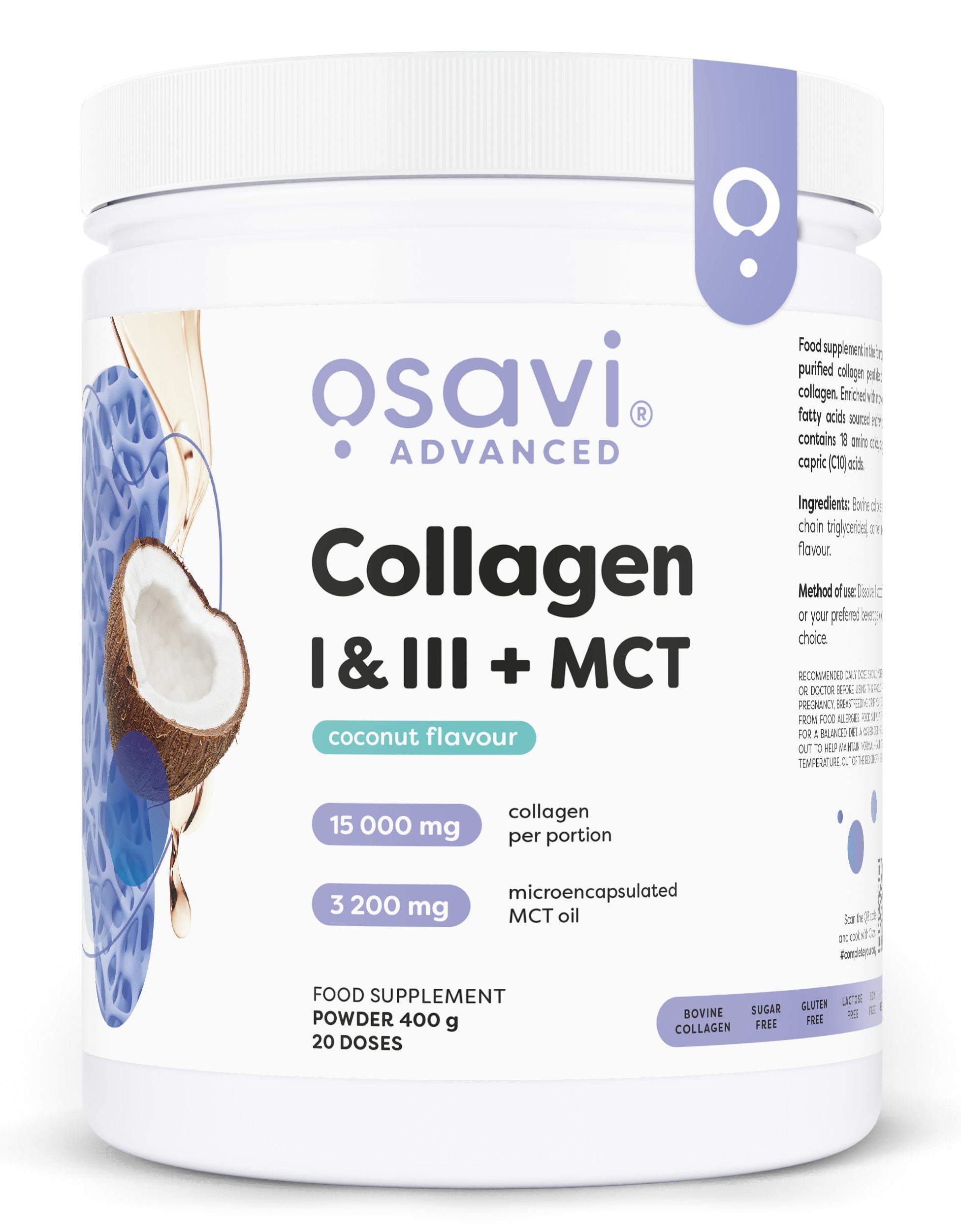 Collagen I & III + MCT, Coconut - 400 grams - Osavi
