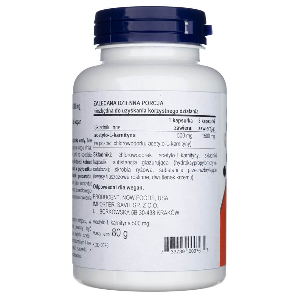 Now Foods atsetüül-L-karnitiin 500 mg – 100 kapslit