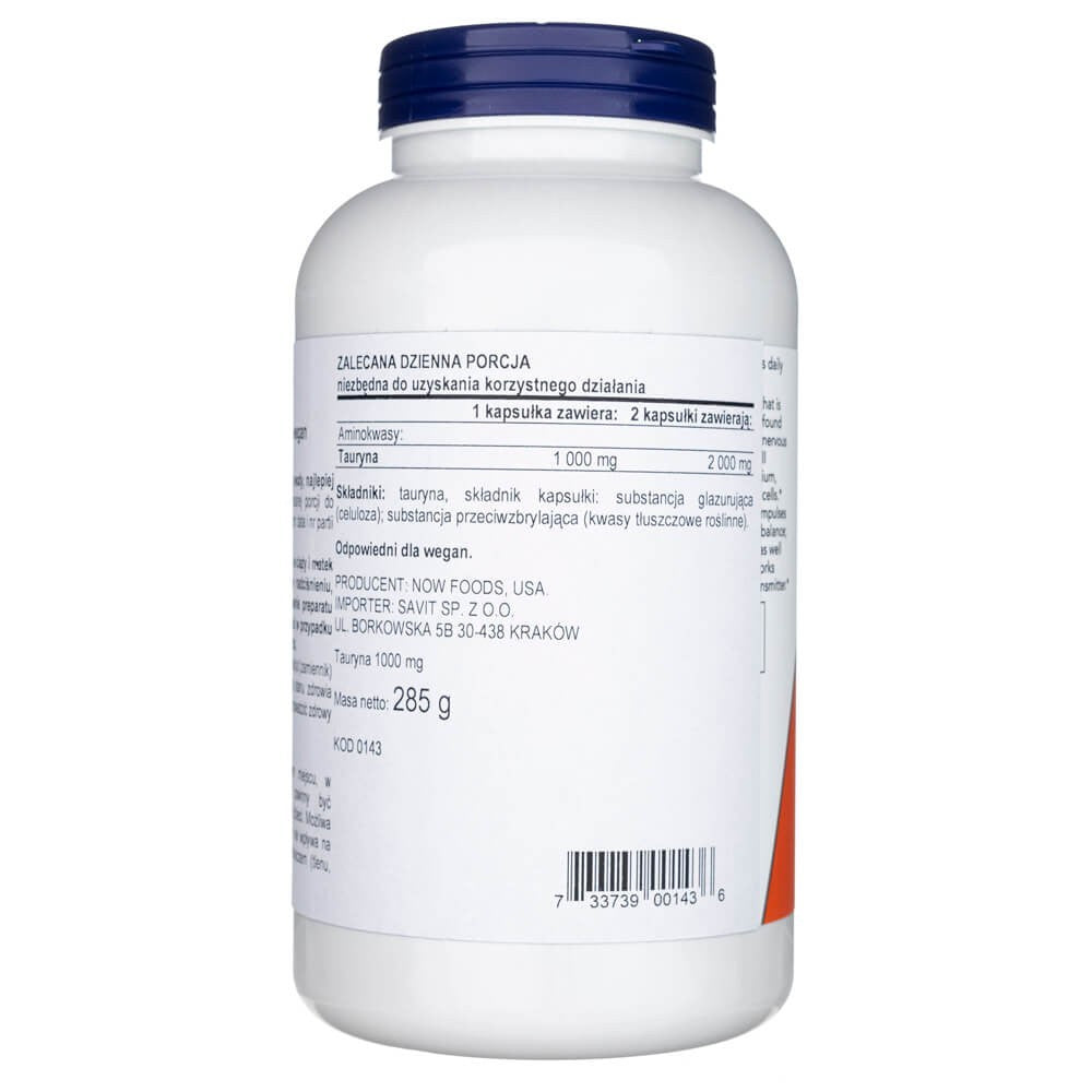 Now Foods tauriin, kahekordne tugevus 1000 mg – 250 kapslit