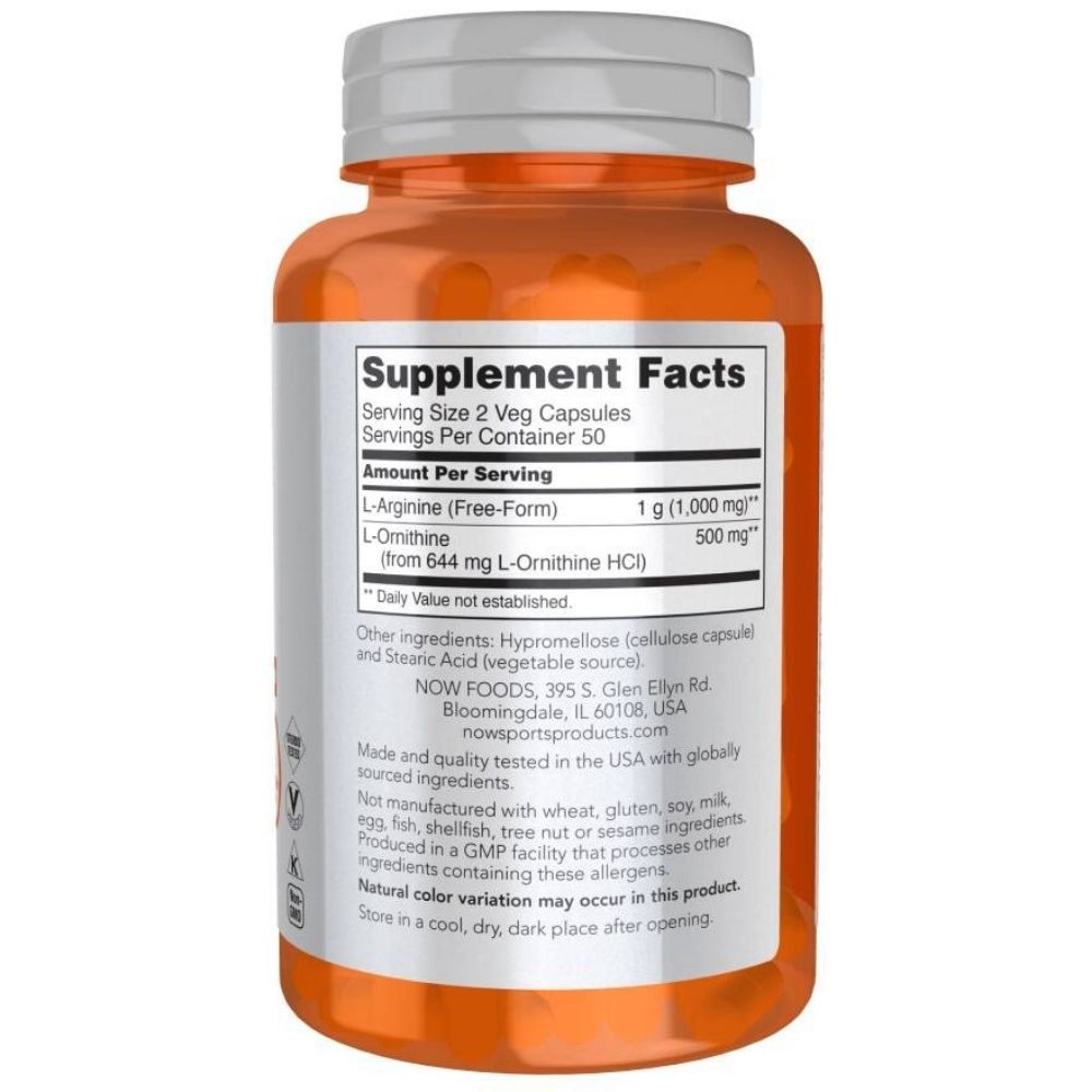 Now Foods L-arginiin 500 mg ja L-ornitiin 250 mg – 100 kapslit