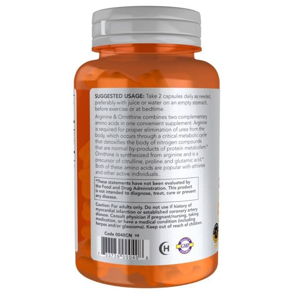 Now Foods L-arginiin 500 mg ja L-ornitiin 250 mg – 100 kapslit