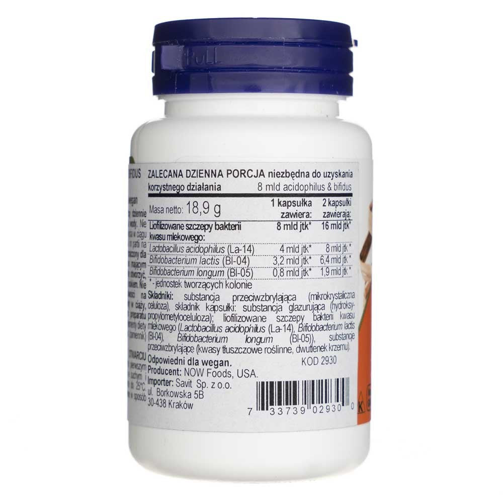 Now Foods Acidophilus ja Bifidus 8 miljardit CFU-d – 60 kapslit