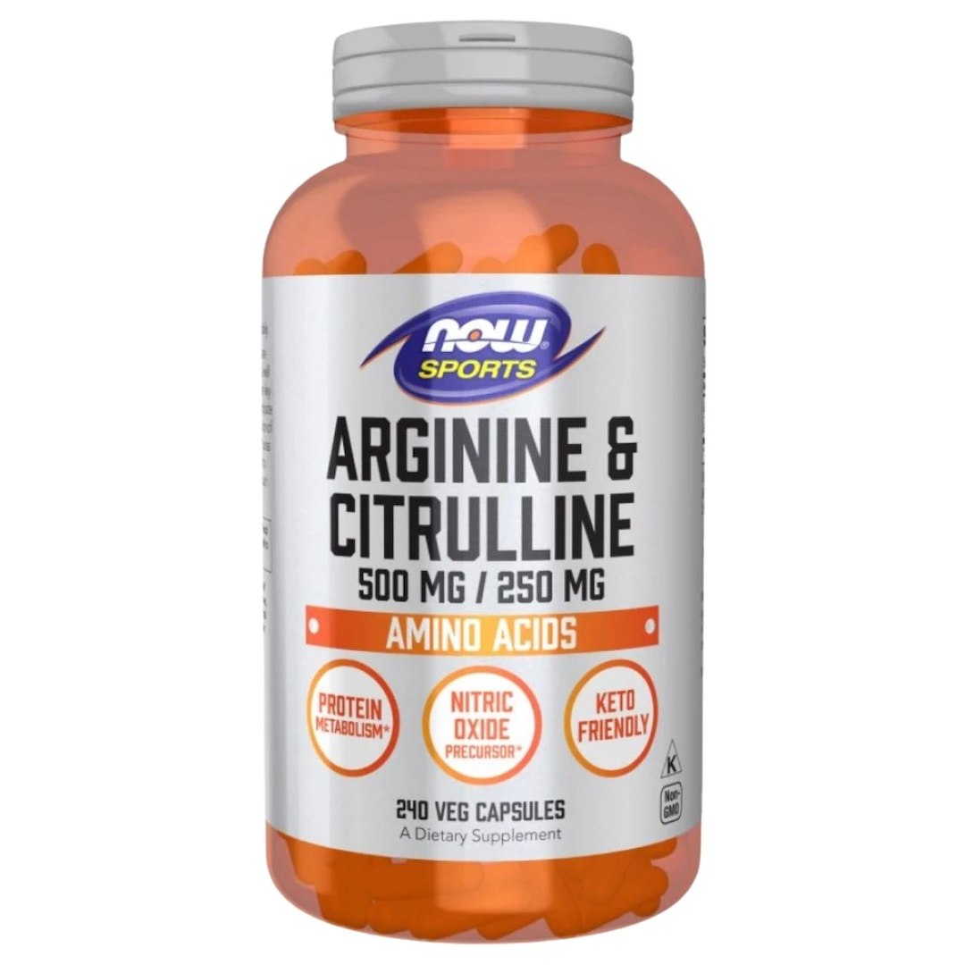 Now Foods L-arginiin 500 mg ja L-tsitrulliin 250 mg – 240 kapslit