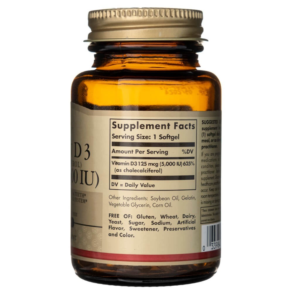Solgar vitamiin D3 125 mcg (5000 IU) - 100 pehmet geelkapslit